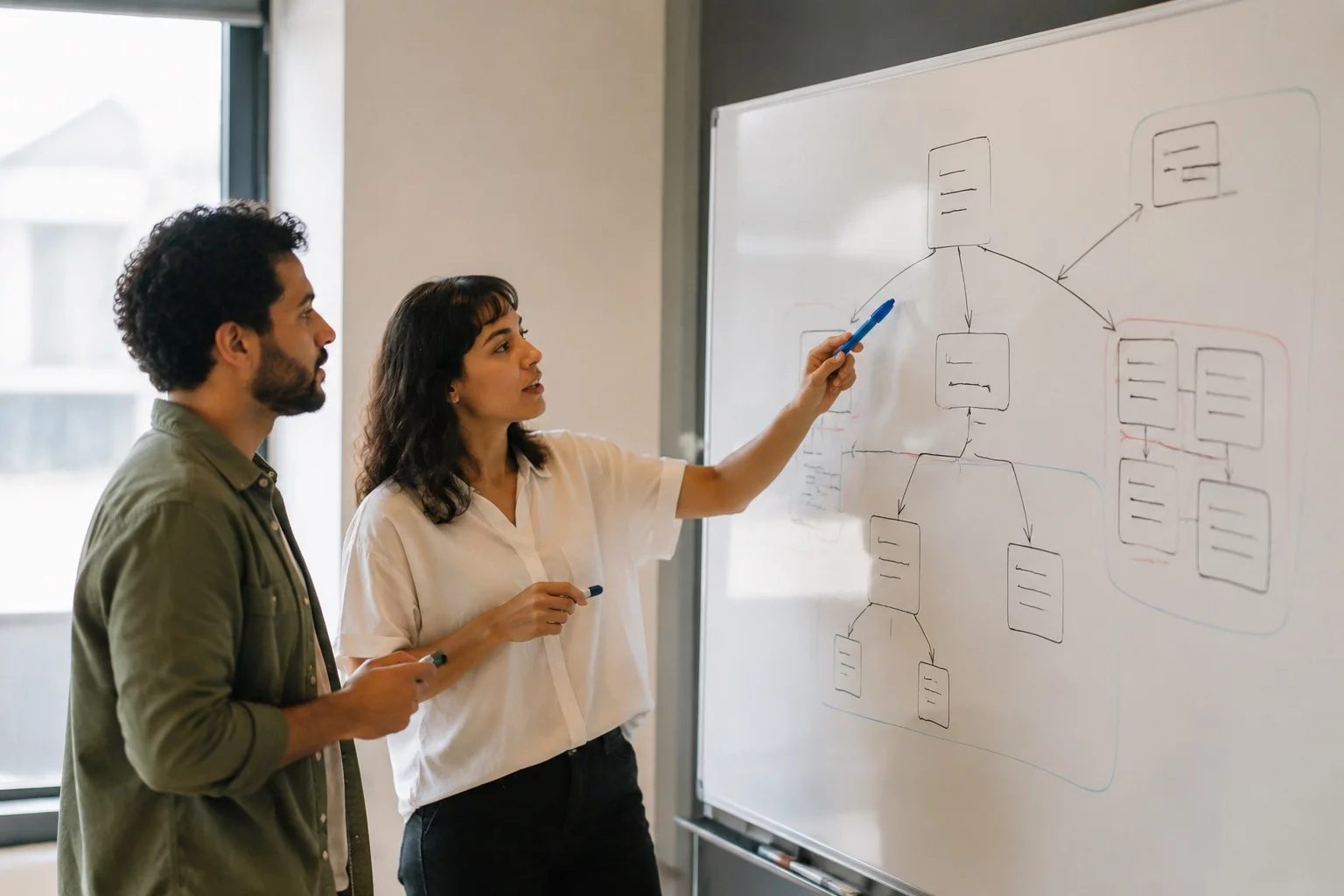 Duas pessoas diante de um quadro branco com um mapa de argumento desenhado à mão