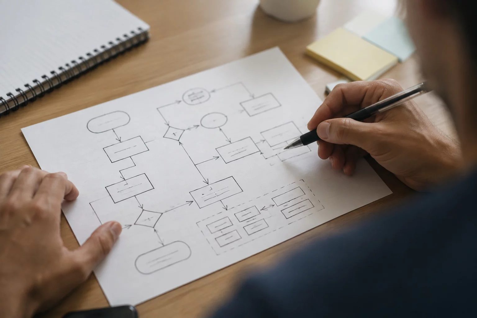 Vista de cima de uma mesa com um diagrama de lógica desenhado à mão