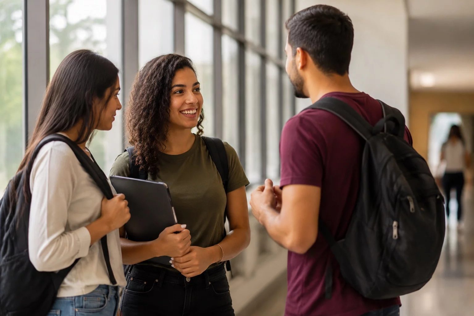 Estudantes com mochilas conversando no corredor de uma universidade