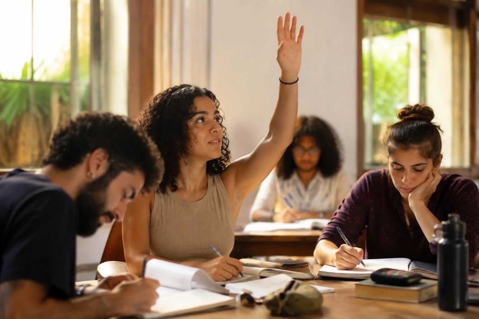 Estudante levantando a mão em uma mesa de seminário coberta de anotações