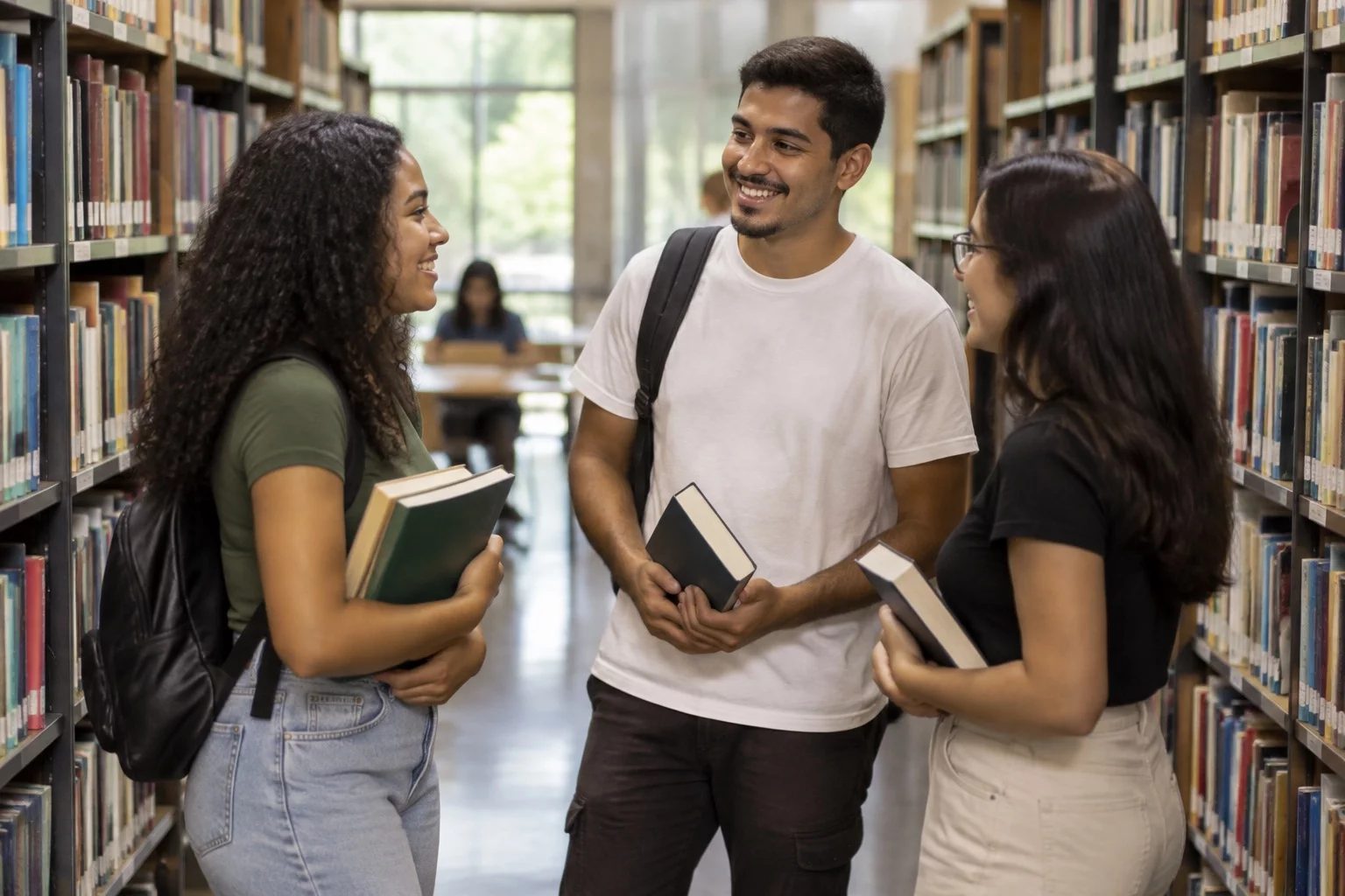 Estudantes conversando em pé entre as estantes de uma biblioteca