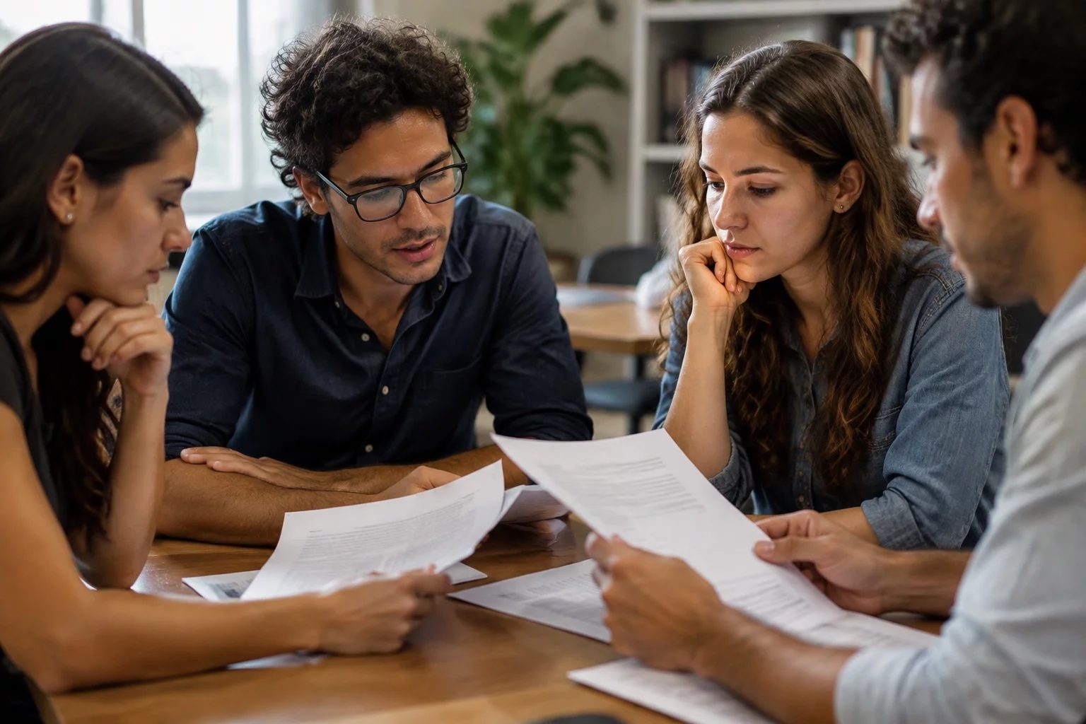 Grupo pequeno lendo páginas impressas de argumentos ao redor de uma mesa