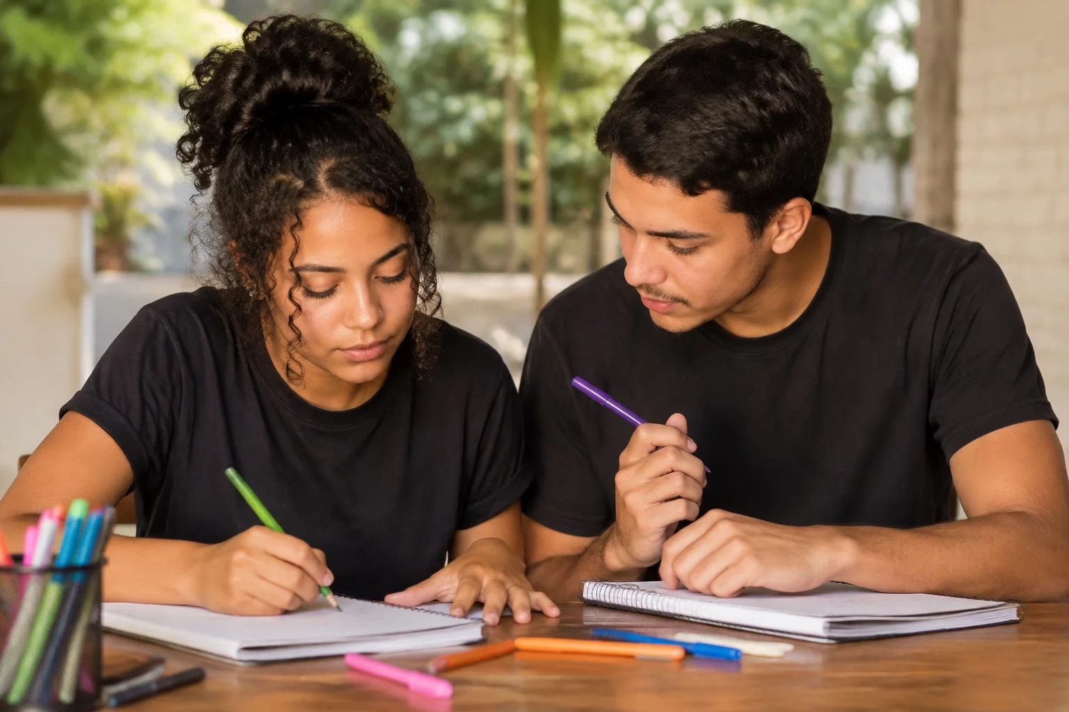 Dois estudantes preparando um debate com cadernos e marcadores