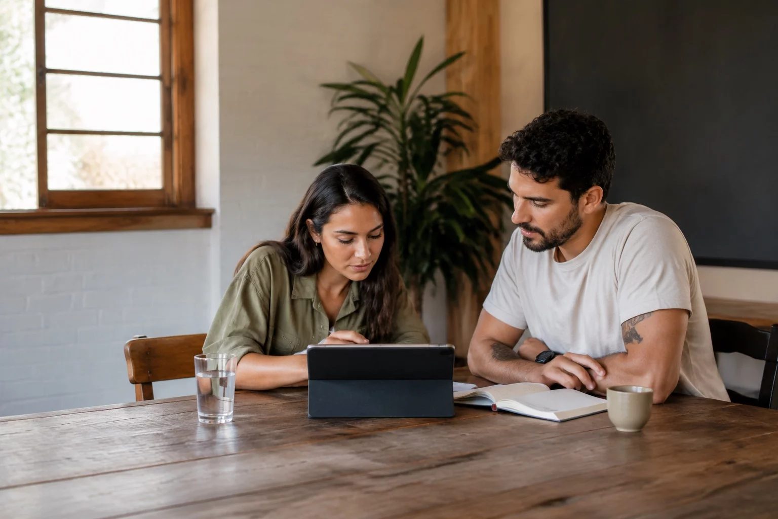 Duas pessoas revisando anotações em um tablet sobre uma mesa de madeira